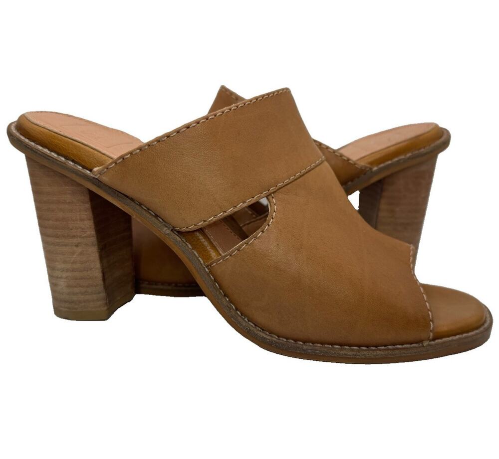 Sey Collection Tan Leather 9 High Heel Mule Sandals Peep Toe Block Heel EUC